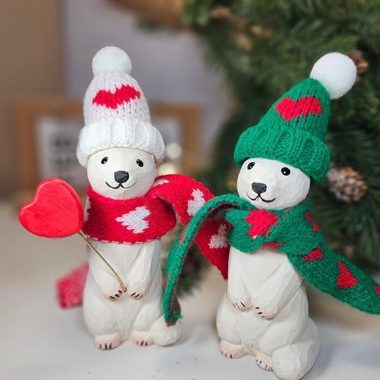Stoat Couple Figurines with Scarf, Mini Hat & Wooden Red Heart – Adorable Décor