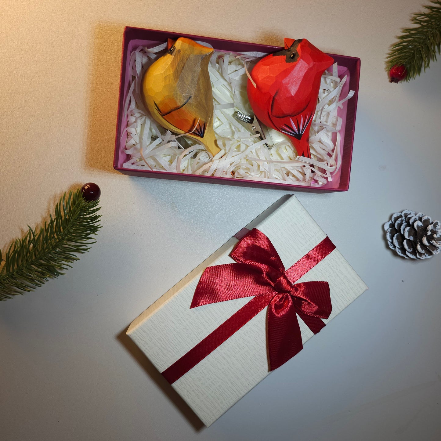 Cardinal Couple Clip-on Christmas Tree Ornaments - Gift Box included