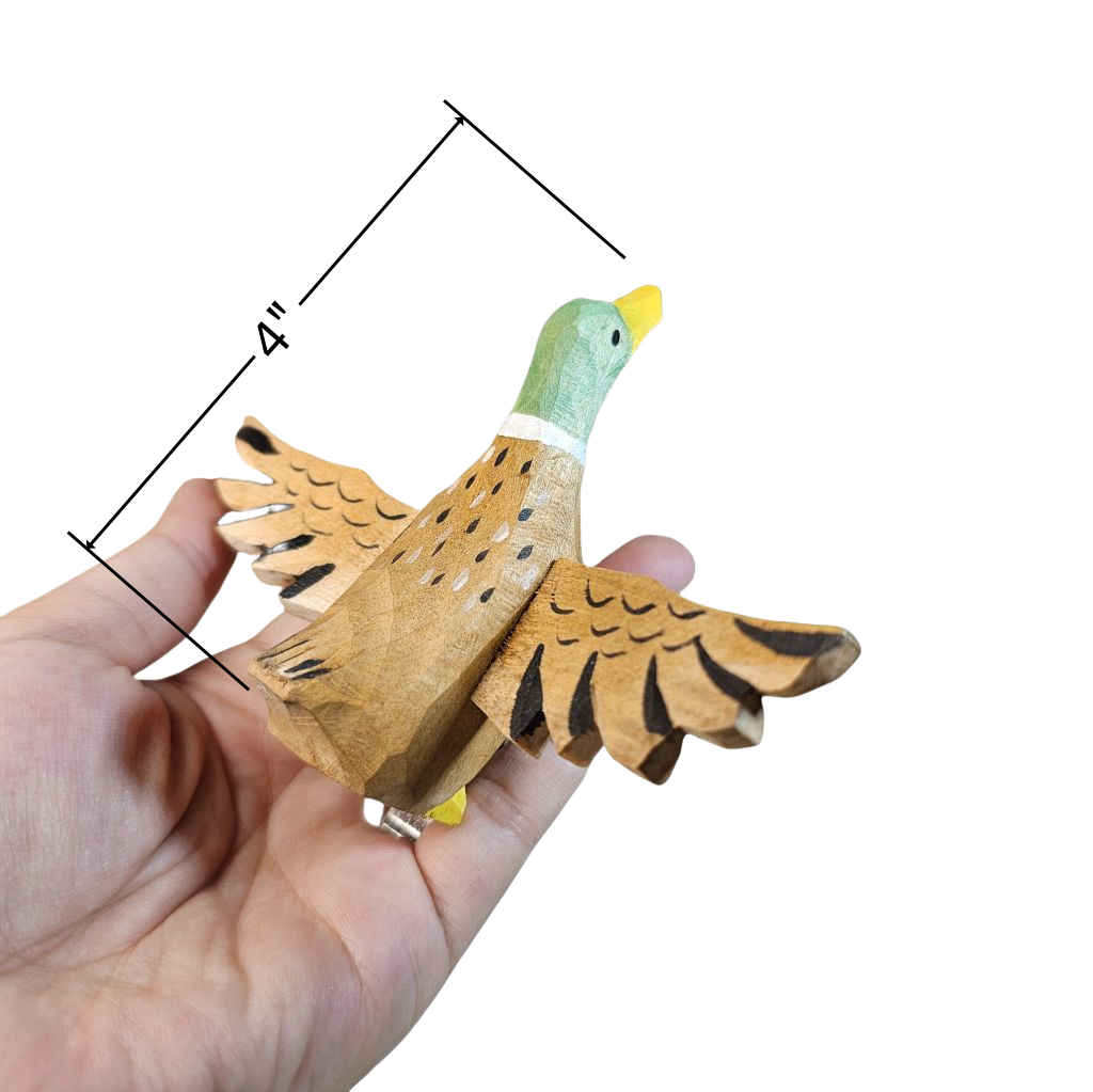 Hand-Carved Flying Mallard Clip-On Bird Ornament | Basswood | 4" Handmade Wood Sculpture