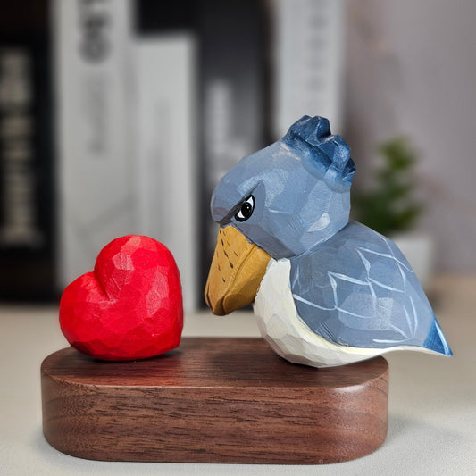 Shoebill Figurine with Wooden Red Heart – Unique Handcrafted Décor