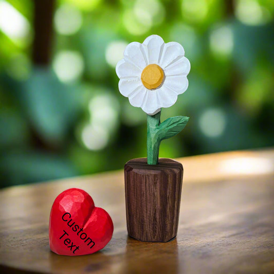 Handcrafted Wooden Daisy Figurine with Customizable Red Heart – Gift Box Included