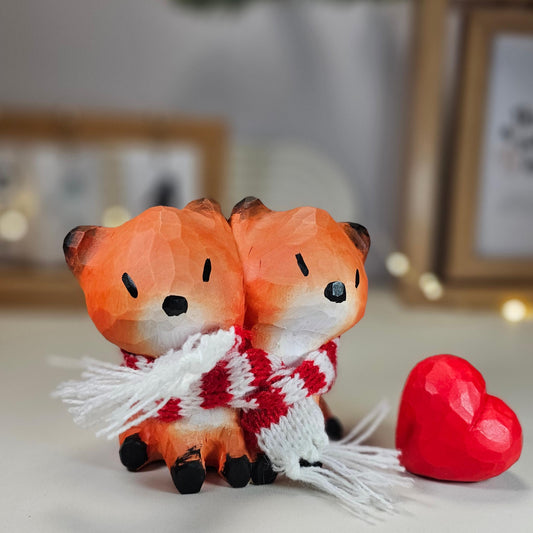 Fox Couple Figurine with Wooden Heart - Perfect Romantic Gift