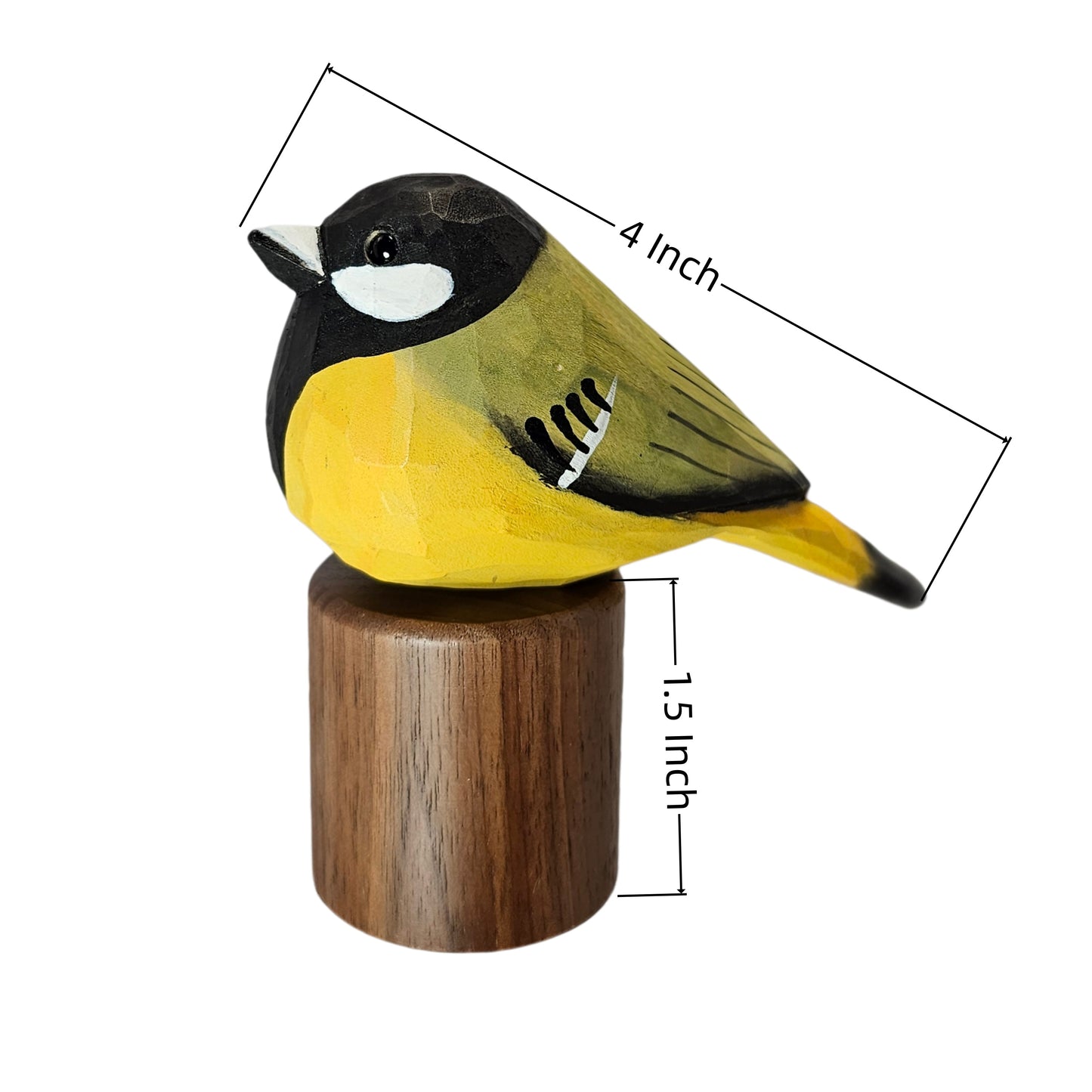 Hand Carved & Hand Painted Great Tit Figurine | Basswood with Black Walnut Base