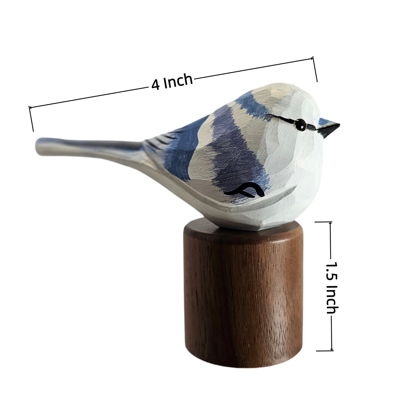 Hand Carved & Hand Painted Azure Tit Bird Figurine | Basswood with Black Walnut Base