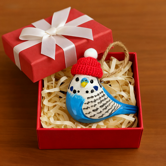 Budgerigar Christmas Ornament - Hand‑Carved Wood with Knit Hat, Gift Box Included