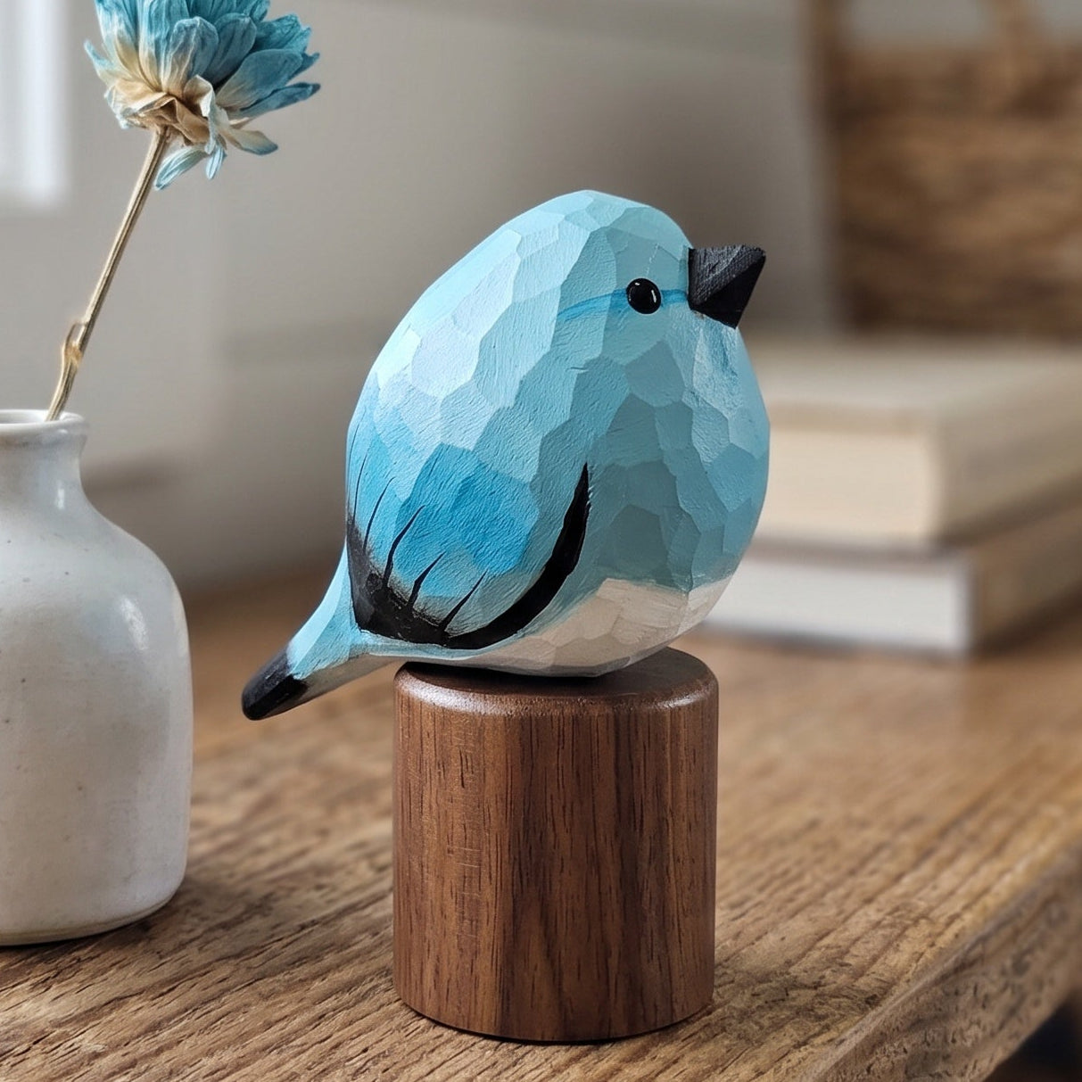 Hand Carved Mountain Bluebird Figurine V2 | Basswood & Black