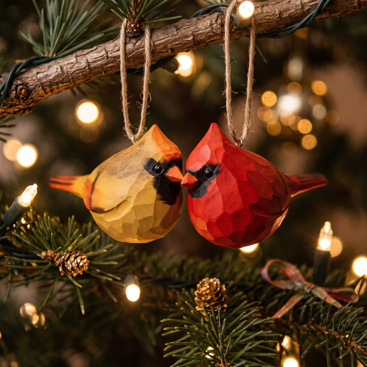 Two geometric wooden cardinal Christmas ornaments hanging from a tree branch with warm string lights in the background.