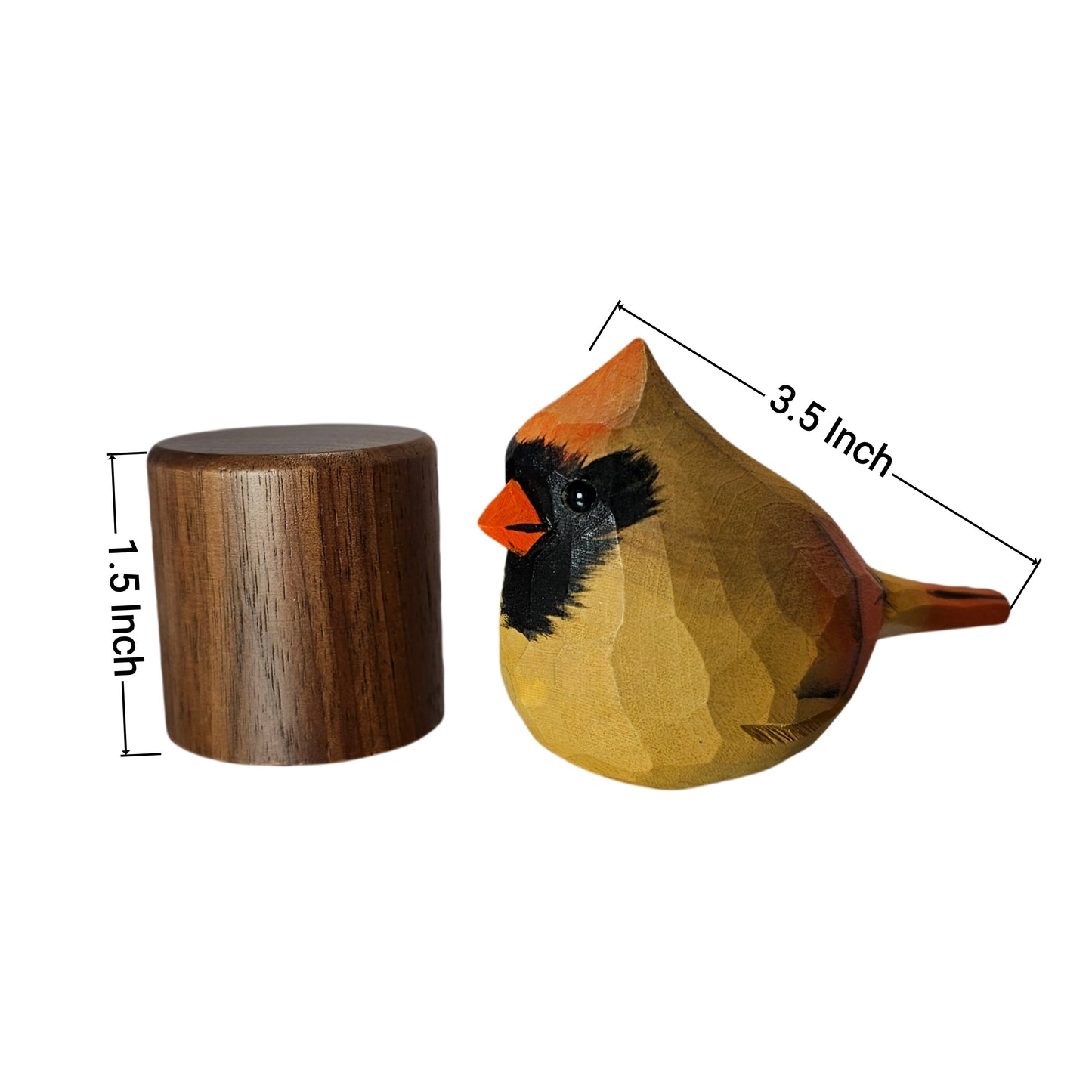 A wooden cardinal-shaped object shown beside a cylindrical wooden piece on a white background, with dimension lines and text indicating 1.5 inch height and 3.