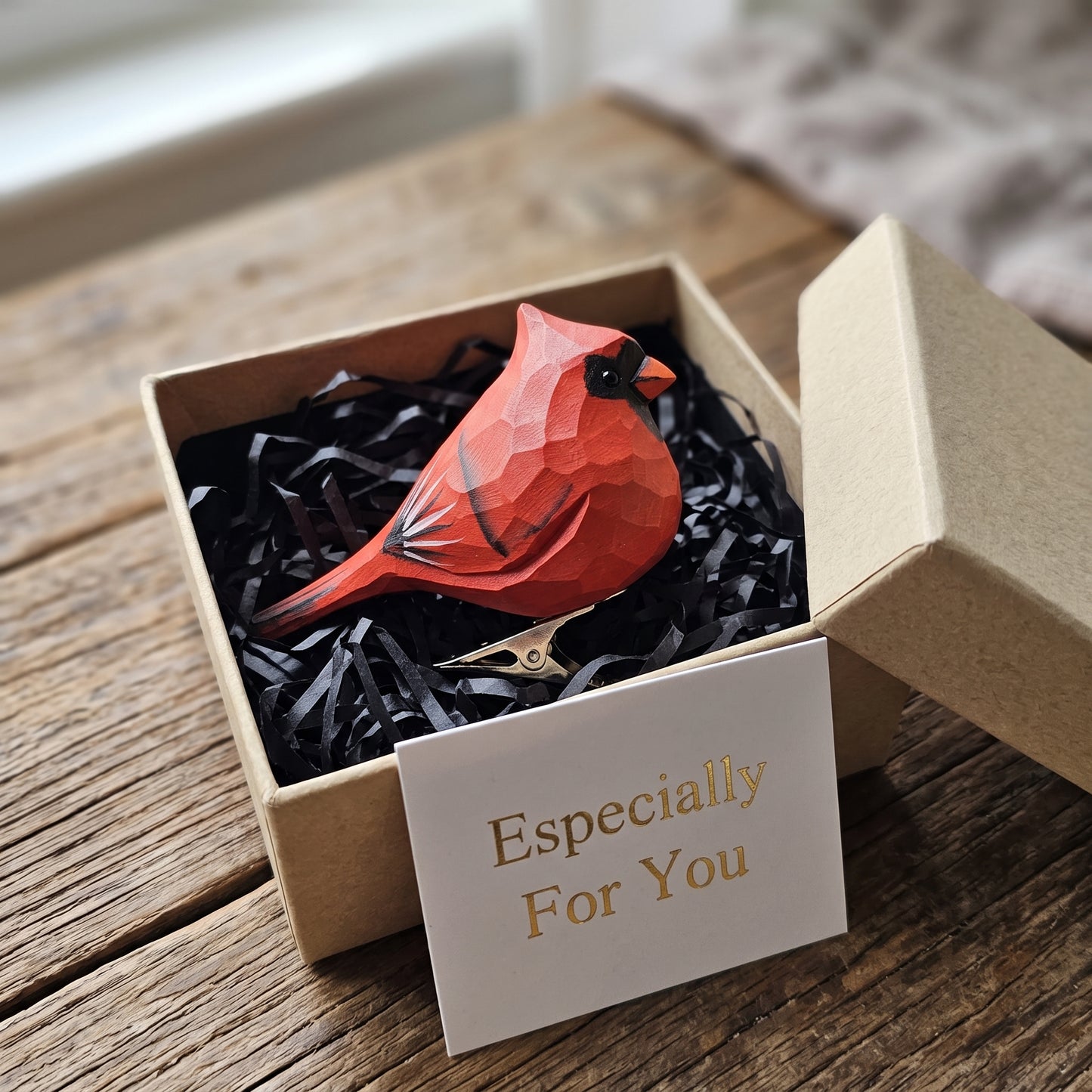 Hand-Carved Cardinal Male Clip-On Bird Ornament | Basswood | 3.5" Handmade Wood Sculpture