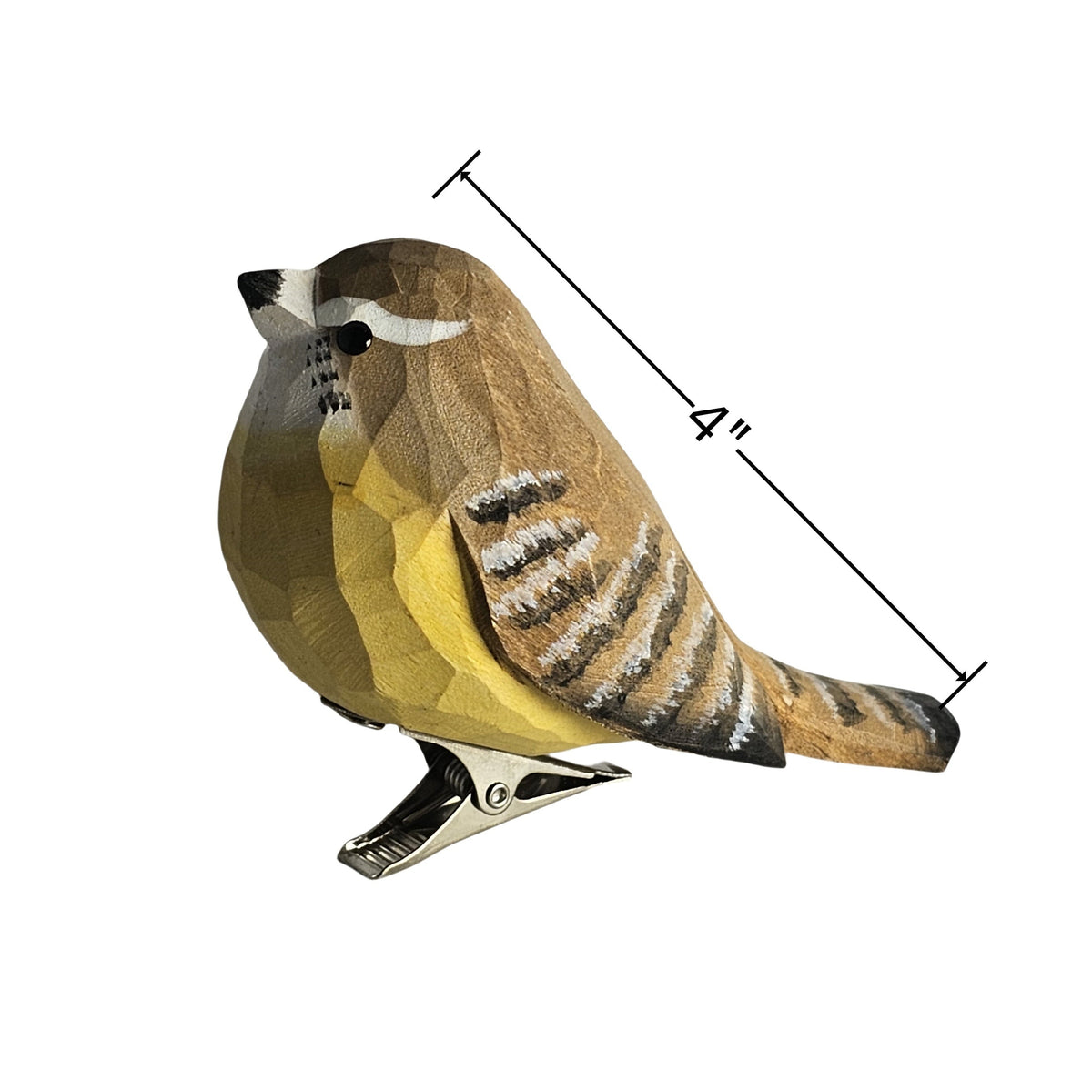 Side view of a hand-carved, hand-painted wooden Carolina Wren bird clip-on ornament mounted on a metal spring clip against a white background, featuring a dimension line indicating a length of 4 inches.