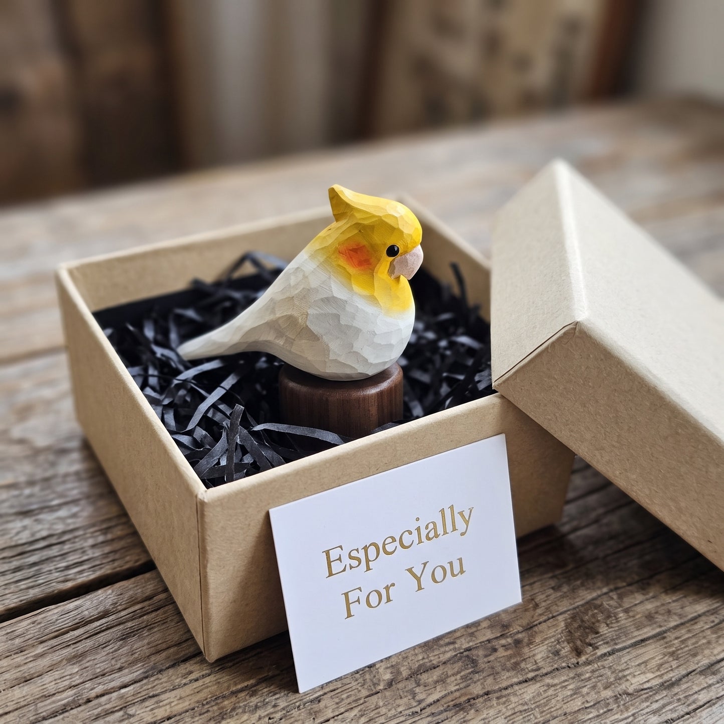 Hand Carved & Hand Painted Cockatiel Figurine | Basswood with Black Walnut Base | Gray & White
