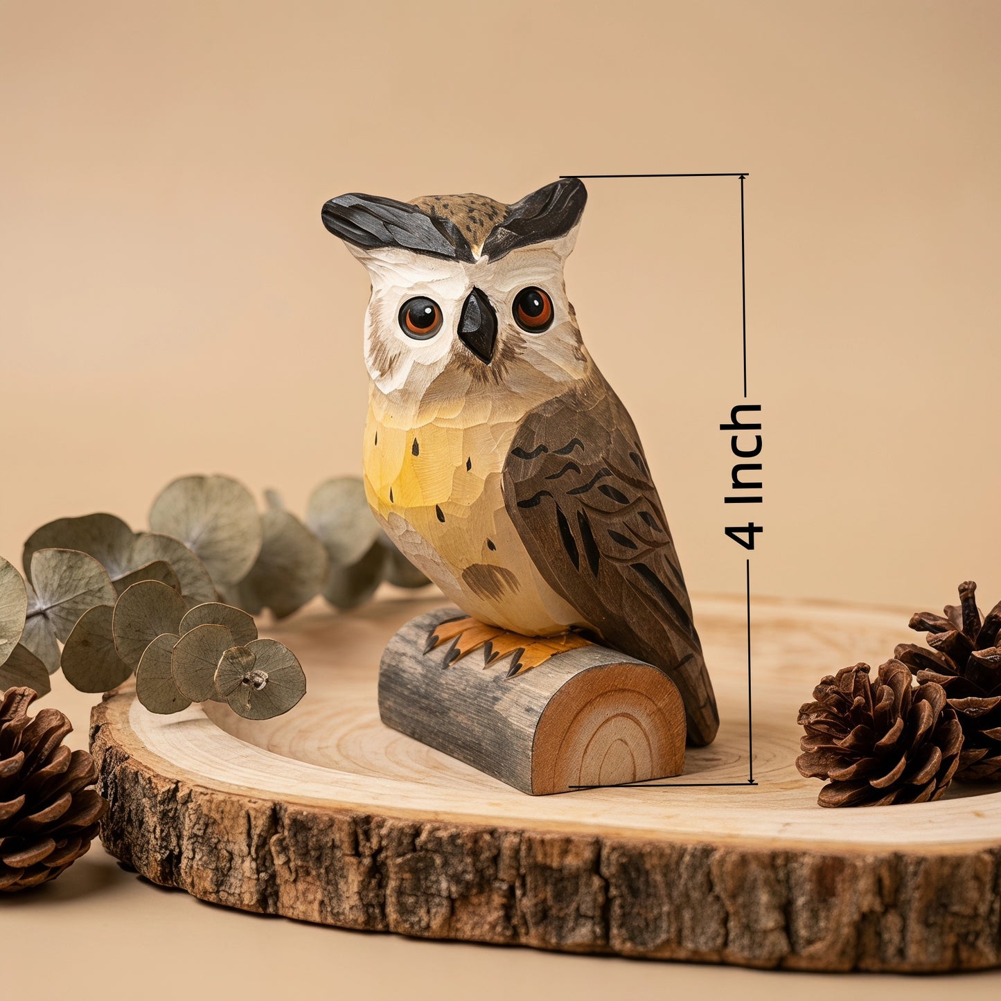 Hand Carved & Hand Painted Eurasian Eagle-Owl Figurine | Basswood | H 4 Inch Wooden Owl Sculpture