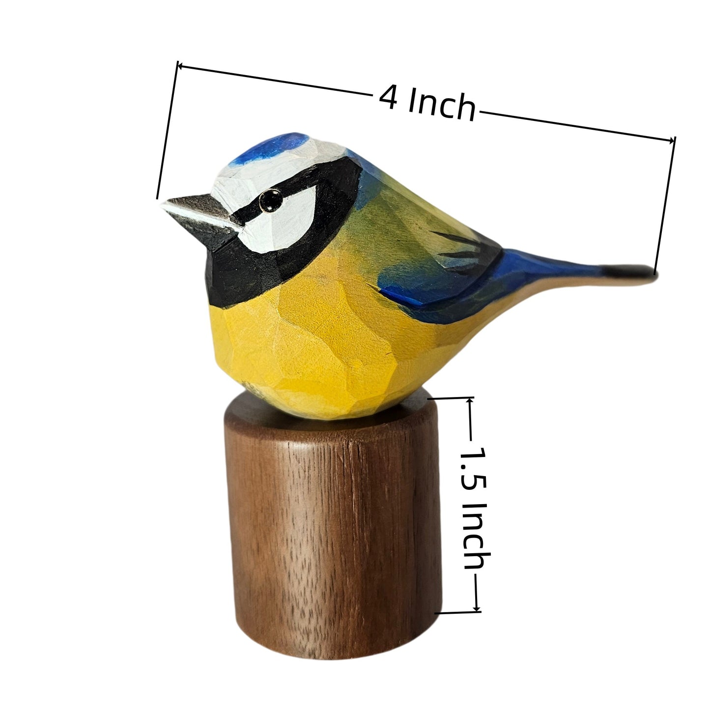 A painted bird figurine perched on a cylindrical wooden base, shown on a white background with dimension lines indicating 4 inch length and 1.5 inch height.