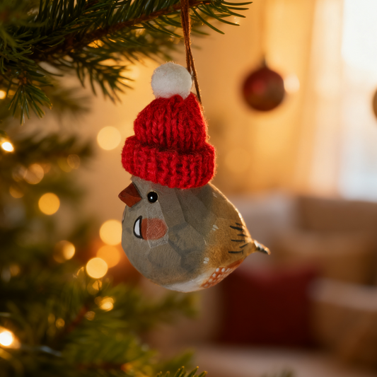 Zebra Finch Christmas Ornament - Hand‑Carved Wood with Knit Hat, Gift Box Included