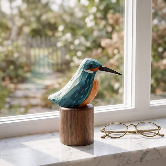 Hand Carved & Hand Painted Kingfisher Figurine | Basswood with Black Walnut Base