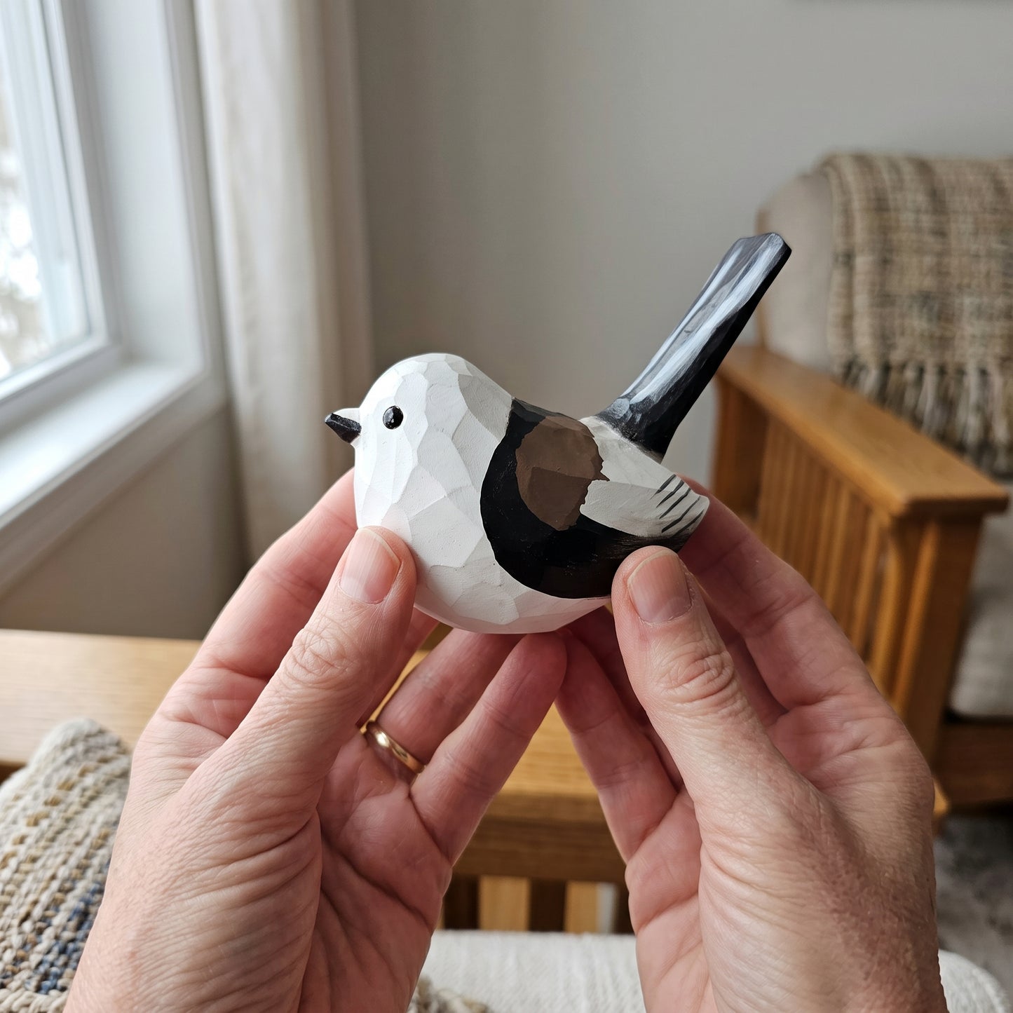 Hand Carved & Hand Painted Long-tailed Tit Figurine V2 | Basswood with Black Walnut Base