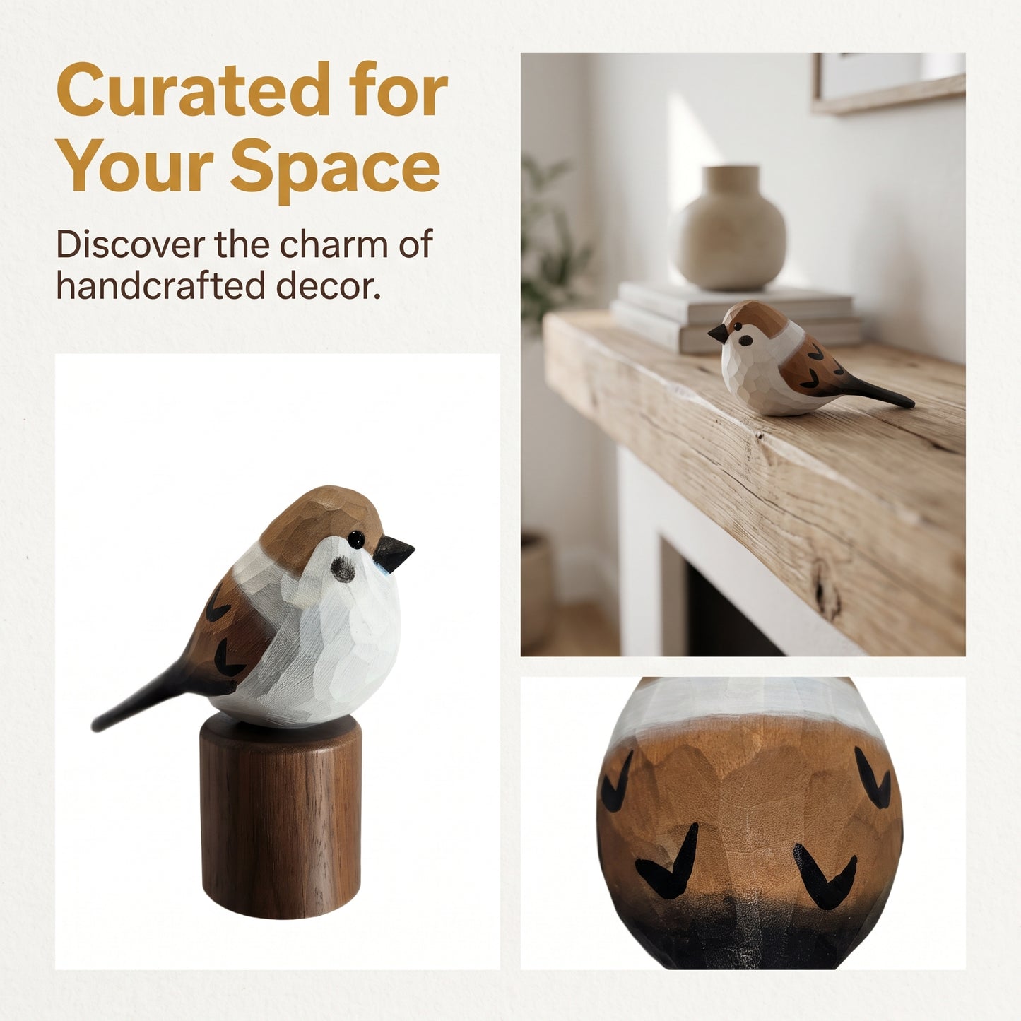 Handcrafted Sparrow Figurine | Basswood Bird Sculpture with Black Walnut Base