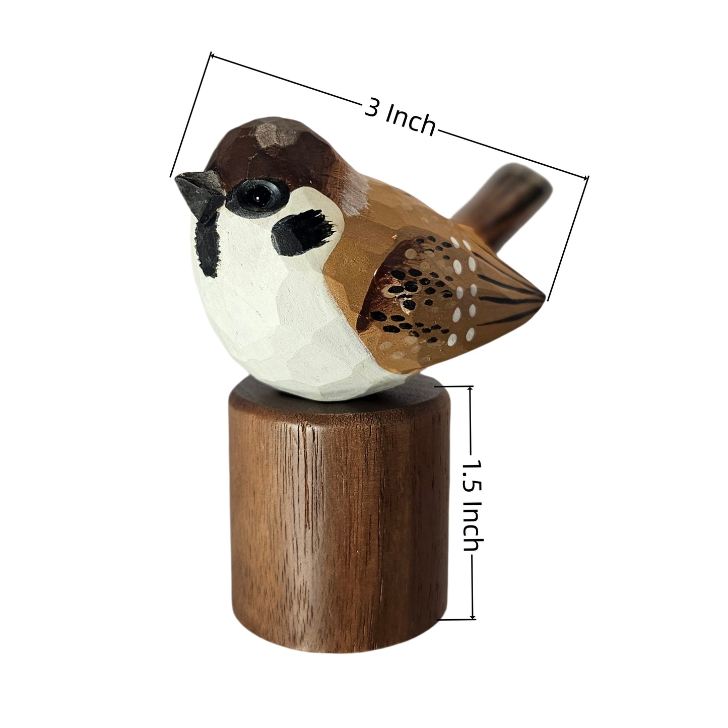 A carved wooden Sparrow figurine perched on a cylindrical wooden base, shown with dimension lines and text indicating a height of 1.5 inch and width of 3 inch on a plain white background.