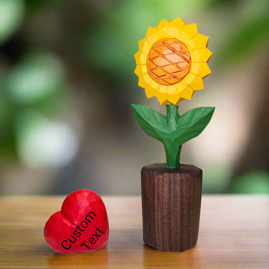 Handcrafted Wooden Sunflower Figurine with Customizable Red Heart – Gift Box Included