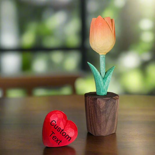 Handcrafted Wooden Orange Tulip Figurine with Customizable Red Heart – Gift Box Included