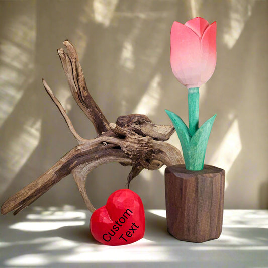 Handcrafted Wooden Pink Tulip Figurine with Customizable Red Heart – Gift Box Included