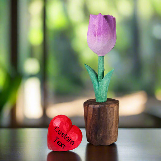 Handcrafted Wooden Purple Tulip Figurine with Customizable Red Heart – Gift Box Included