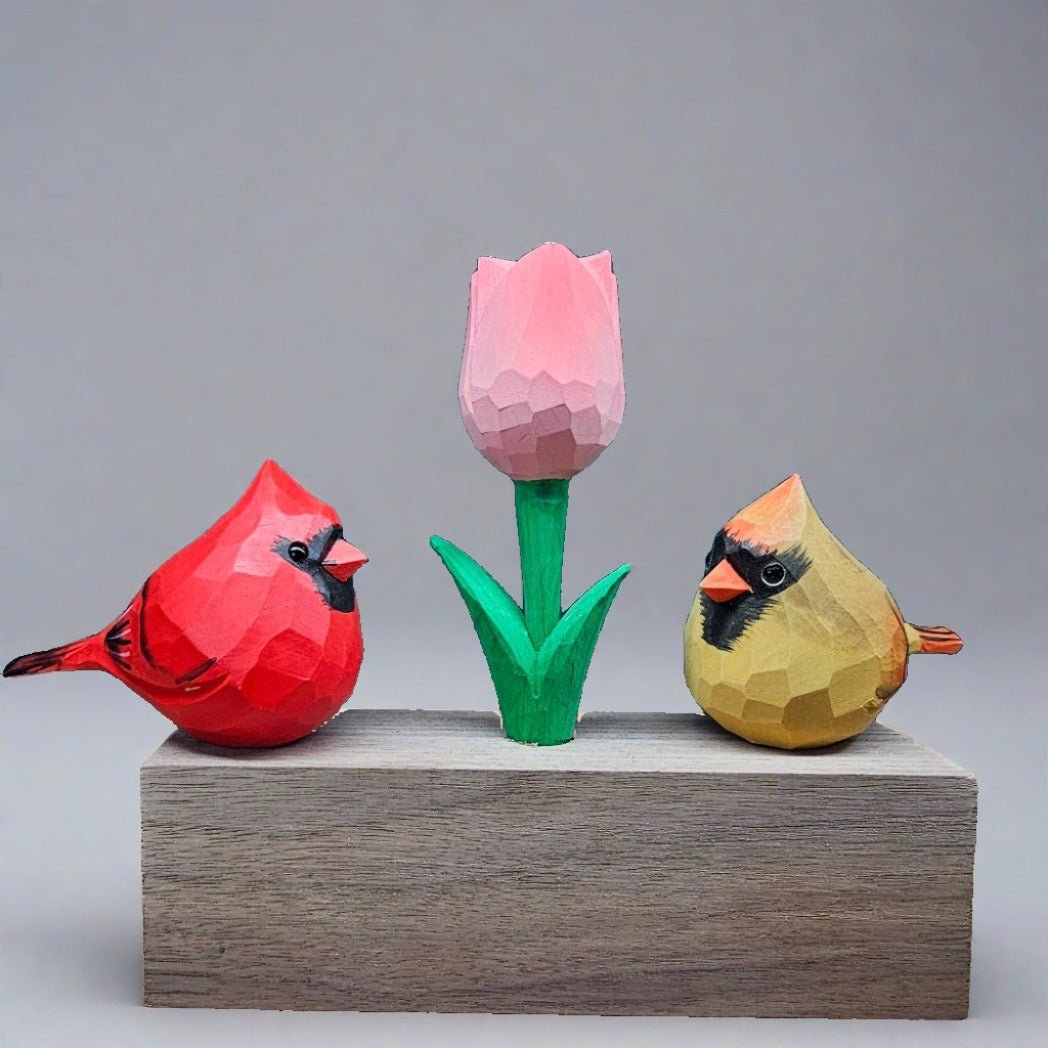 Cardinal Couple & Tulip Set with Gift Box - Wooden Islands