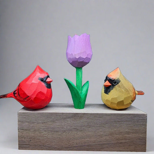 Cardinal Couple & Tulip Set with Gift Box - Wooden Islands