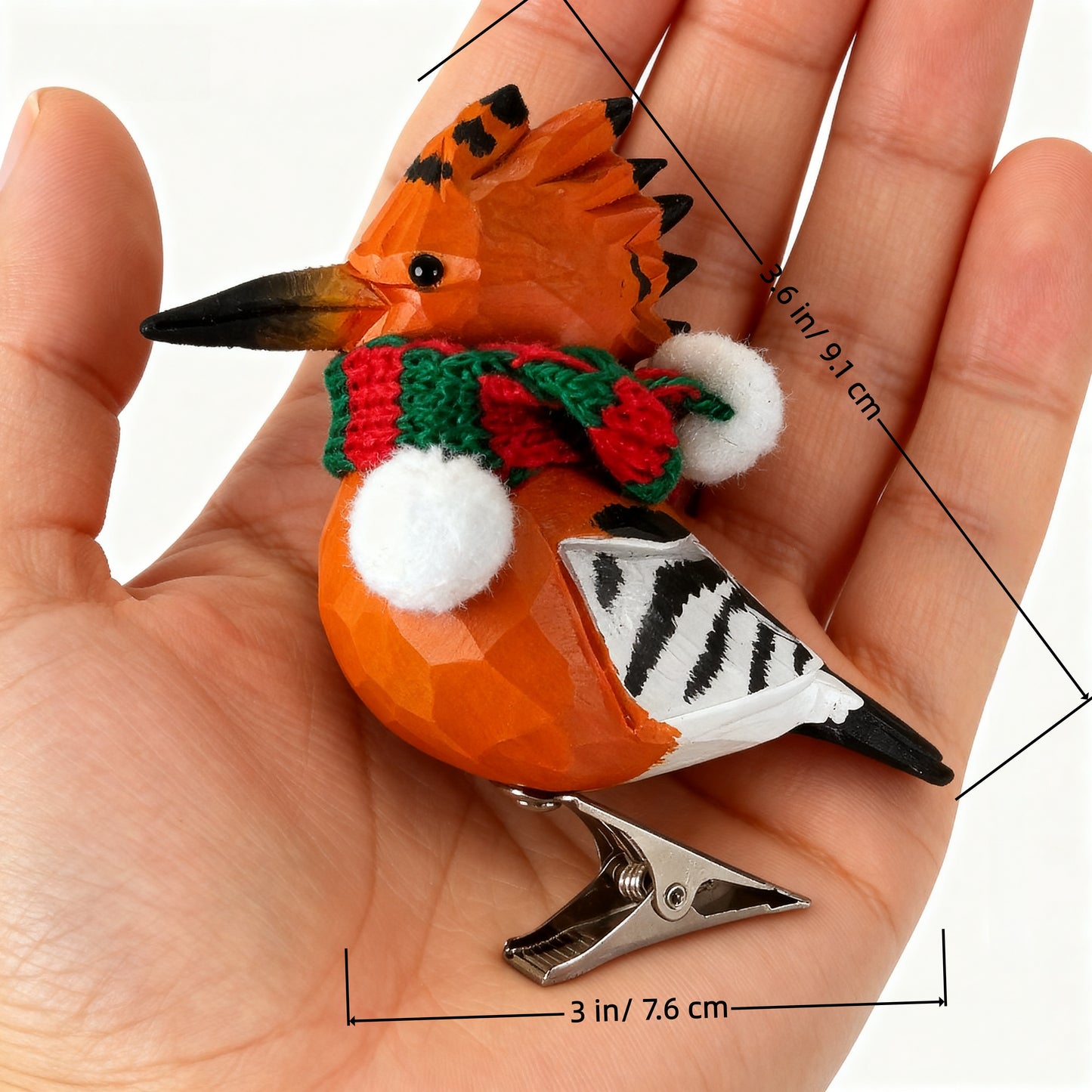 Hoopoe Clip‑On Christmas Ornament - Hand‑Carved Wood with Knit Scarf, Gift Box Included