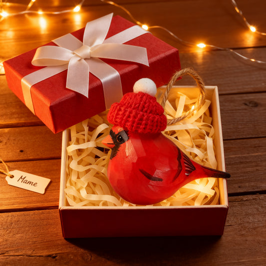Cardinal Male Christmas Ornament - Hand‑Carved Wood with Knit Hat, Gift Box Included