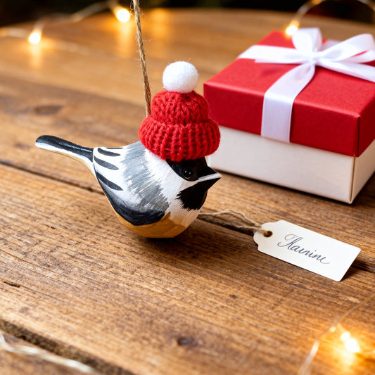 Chickadee Christmas Ornament - Hand‑Carved Wood with Knit Hat, Gift Box Included