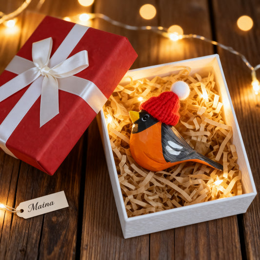 American Robin Christmas Ornament made of Wood - Hand-Carved with Knit Hat, Gift Box Included