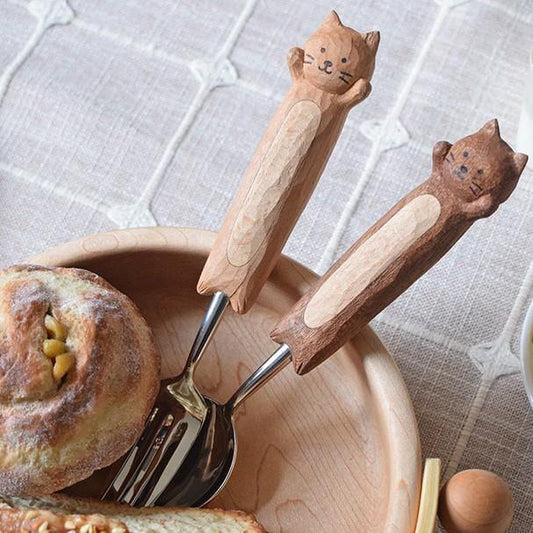 Dinner fork and spoon sets Hand Carved Cute Cat _MS - Wooden Islands