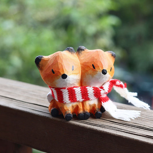 Fox Couple Wooden Statues with Scarves - Wooden Islands