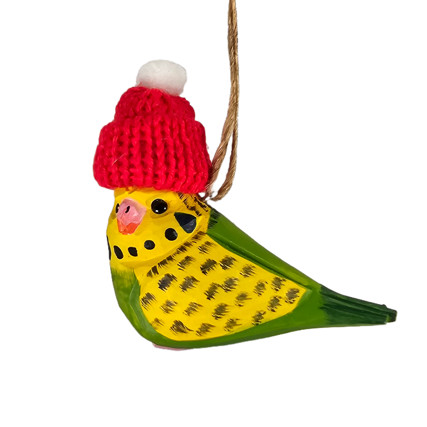 Budgerigar Christmas Ornament - Hand‑Carved Wood with Knit Hat, Gift Box Included