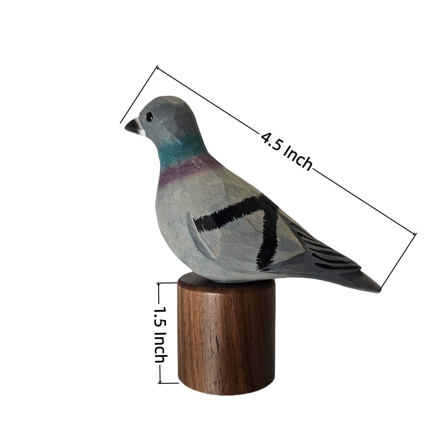 A painted Rock dove figurine perched on a cylindrical wooden base, shown on a white background with overlaid dimension lines indicating 4.5 inch length and 1.