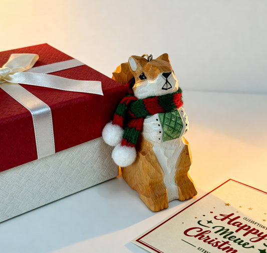 Squirrel Christmas Ornament - Hand‑Carved Wood with Knit Scarf, Gift Box Included
