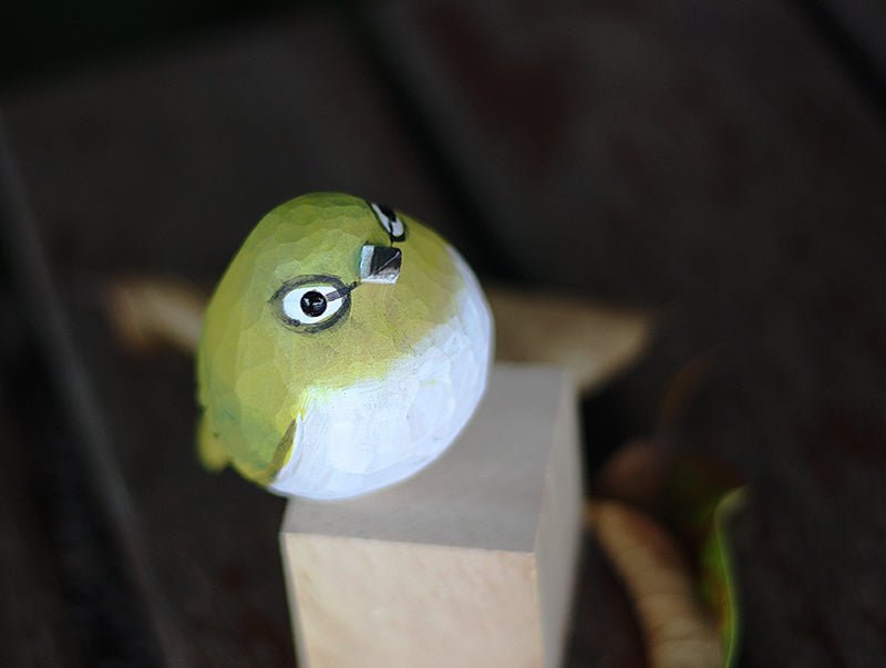 Hand-Painted Wooden White-Eye Bird Figurine – Elegant Artisan Decor - Wooden Islands