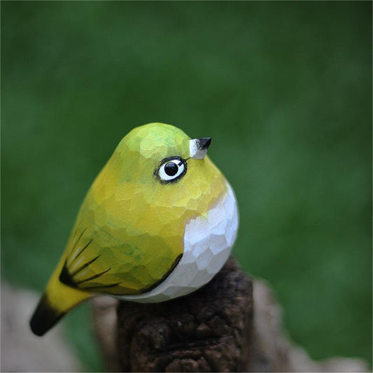 Hand-Painted Wooden White-Eye Bird Figurine – Elegant Artisan Decor - Wooden Islands