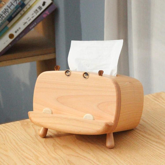 Tissue Box Cover with Phone Holder Wooden Handmade Hippo Decoration - Wooden Islands