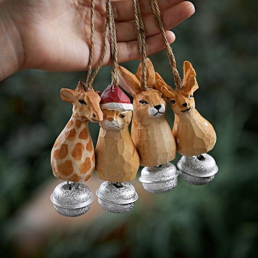 Animal Bell Hanging | Hand Carved Painted Wooden Decor Christmas tree ornaments set of 4 - Wooden Islands
