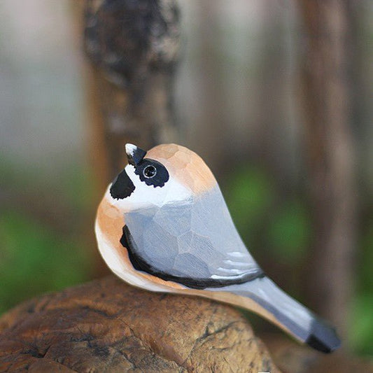Black-Throated-Bushtit Bird Wooden Figurine Hand Carved Painted - Wooden Islands