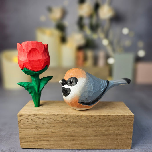 Black-Throated Bushtit with Rose - Wooden Islands