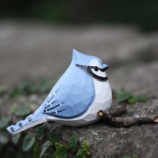 Blue Jay Bird Figurine Hand Carved Painted Wooden - Wooden Islands