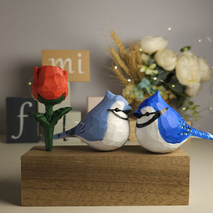 Blue Jay Couple Figurine with Wooden Rose - Wooden Islands