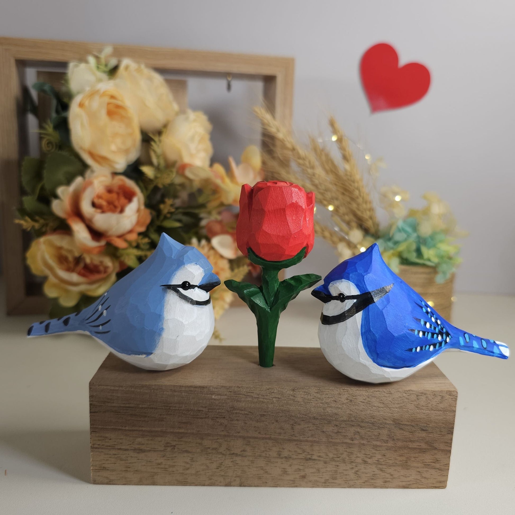 Blue Jay Couple Figurine with Wooden Rose - Wooden Islands