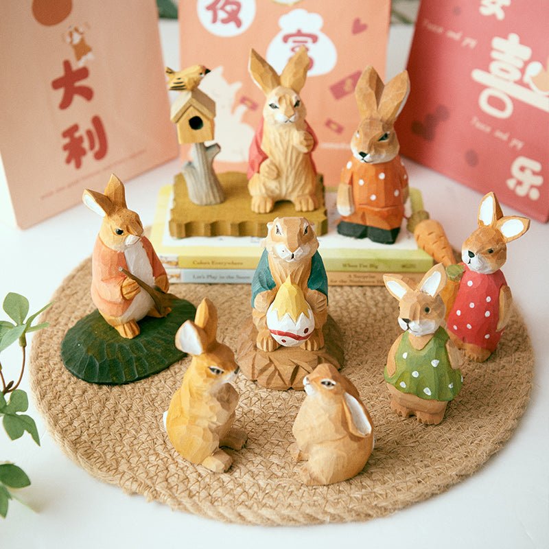 Bunny and Rabbit Set Hand-Carved Figurine - Wooden Islands