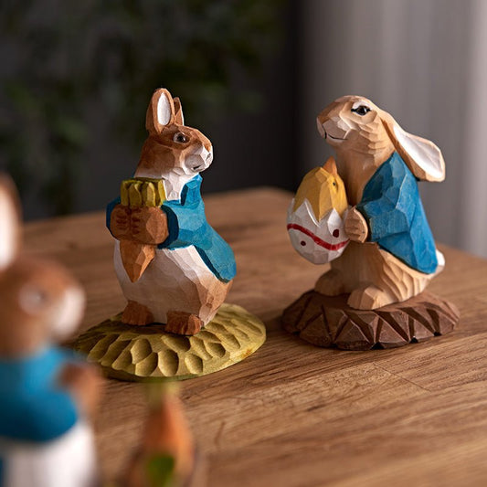 Bunny with Bird Egg Hand-Carved Figurine - Wooden Islands