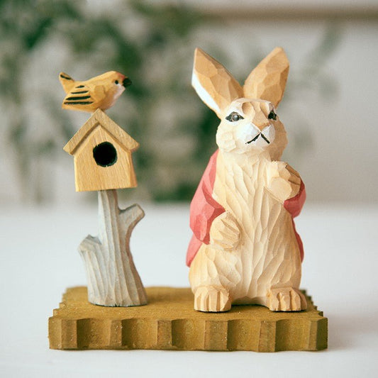 Bunny With Bird House Hand-Carved Figurine - Wooden Islands