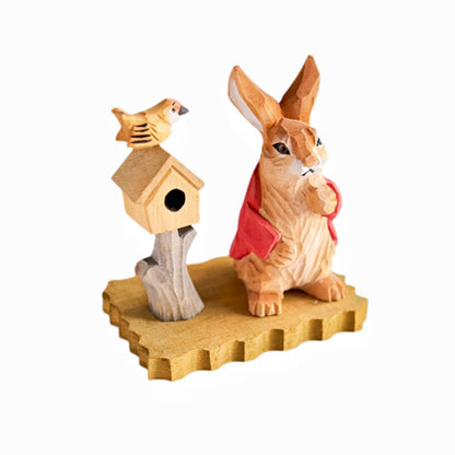 Bunny With Bird House Hand-Carved Figurine - Wooden Islands